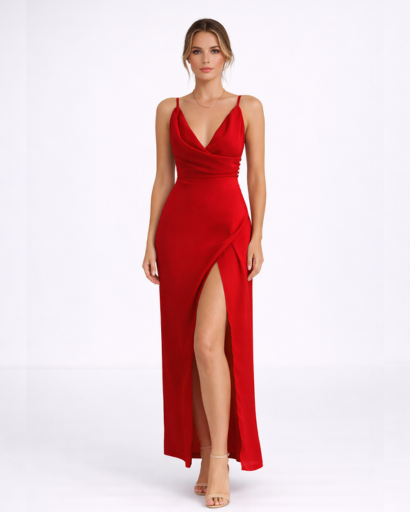 Robe longue satinée à bretelles avec fente haute