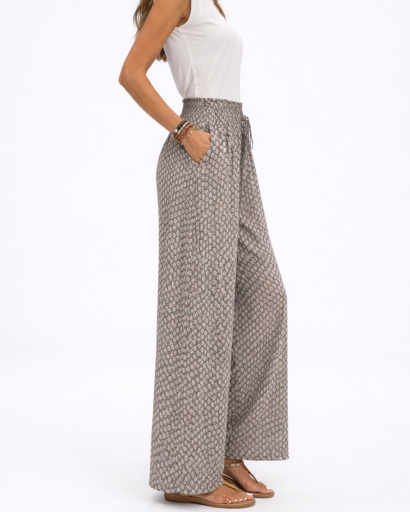 Pantalon Femme Large Taille Froncée à Motif avec Cordon
