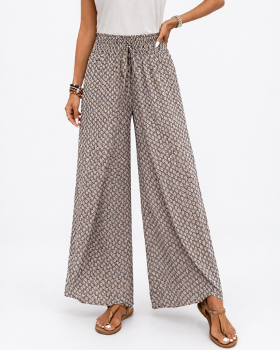 Pantalon Femme Large Taille Froncée à Motif avec Cordon
