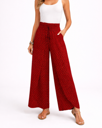 Pantalon Femme Large Taille Froncée à Motif avec Cordon