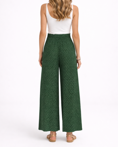 Pantalon Femme Large Taille Froncée à Motif avec Cordon