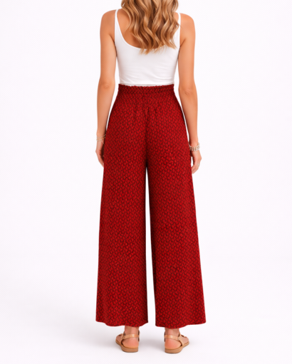 Pantalon Femme Large Taille Froncée à Motif avec Cordon
