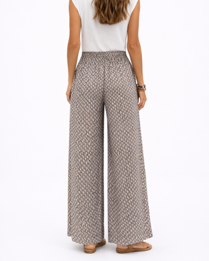 Pantalon Femme Large Taille Froncée à Motif avec Cordon