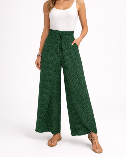 Pantalon Femme Large Taille Froncée à Motif avec Cordon
