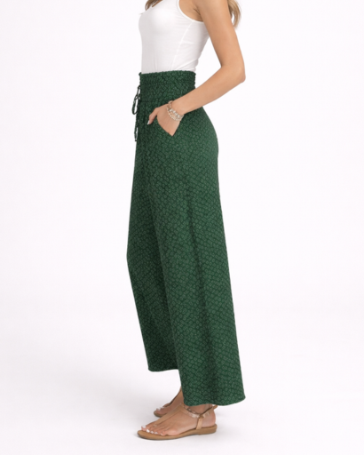 Pantalon Femme Large Taille Froncée à Motif avec Cordon