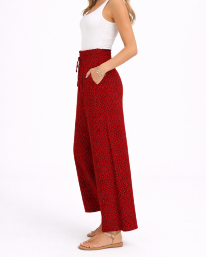 Pantalon Femme Large Taille Froncée à Motif avec Cordon