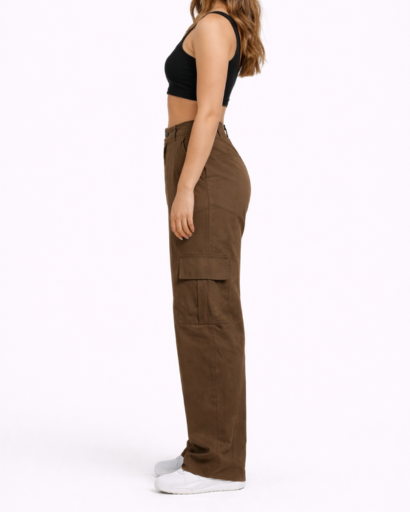 Pantalon Cargo Femme Taille Haute Jambes Larges avec Poches