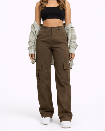 Pantalon Cargo Femme Taille Haute Jambes Larges avec Poches