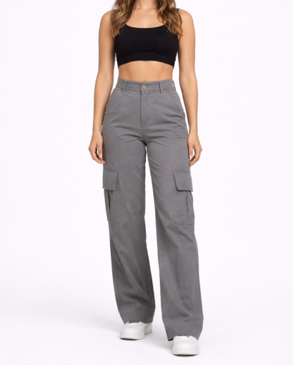 Pantalon Cargo Femme Taille Haute Jambes Larges avec Poches