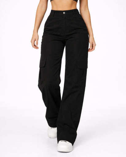 Pantalon Cargo Femme Taille Haute Jambes Larges avec Poches