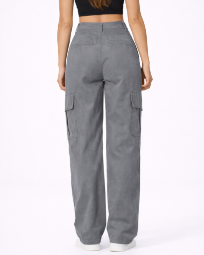 Pantalon Cargo Femme Taille Haute Jambes Larges avec Poches