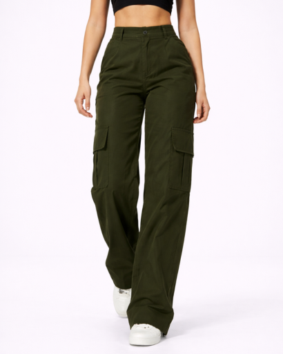 Pantalon Cargo Femme Taille Haute Jambes Larges avec Poches