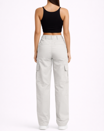 Pantalon Cargo Femme Taille Haute Jambes Larges avec Poches