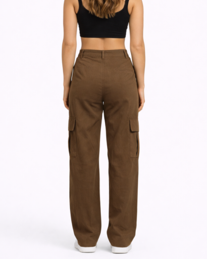 Pantalon Cargo Femme Taille Haute Jambes Larges avec Poches