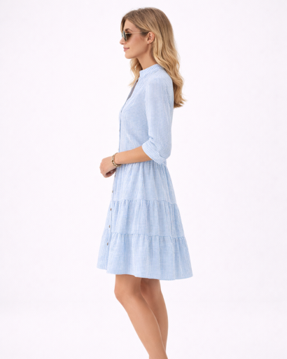 Robe Femme Boutonnée à Motif Carreaux avec Jupe à Volants