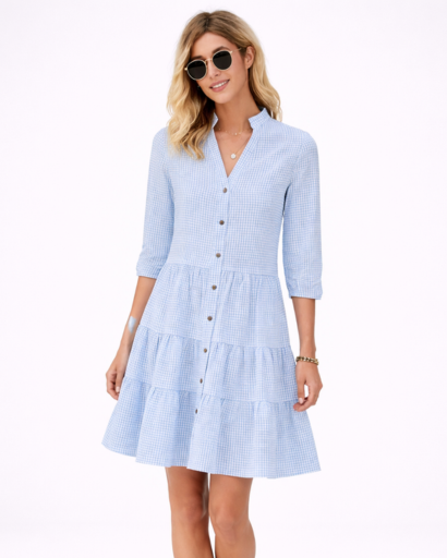Robe Femme Boutonnée à Motif Carreaux avec Jupe à Volants