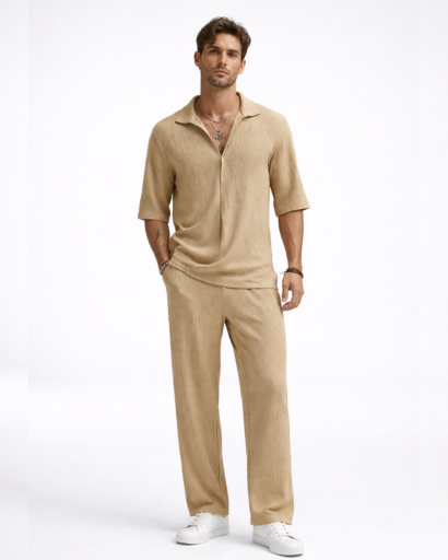 Ensemble Homme Texturé Chemise Col Ouvert et Pantalon Droit