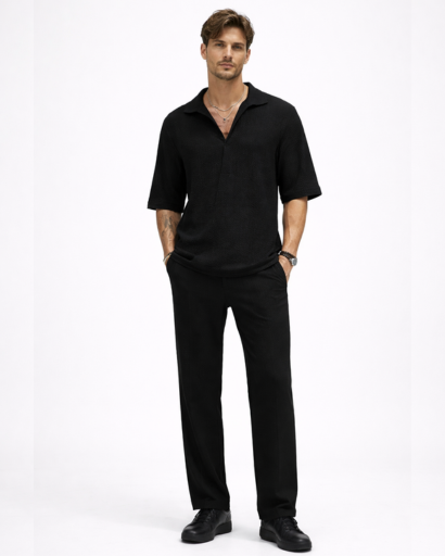 Ensemble Homme Texturé Chemise Col Ouvert et Pantalon Droit