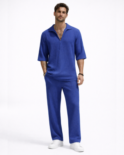Ensemble Homme Texturé Chemise Col Ouvert et Pantalon Droit