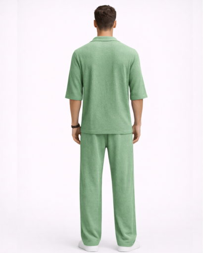 Ensemble Homme Texturé Chemise Col Ouvert et Pantalon Droit