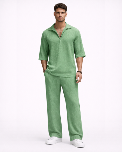 Ensemble Homme Texturé Chemise Col Ouvert et Pantalon Droit