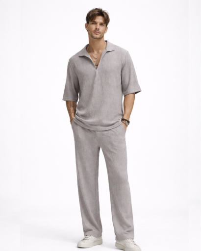 Ensemble Homme Texturé Chemise Col Ouvert et Pantalon Droit