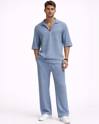 Ensemble Homme Texturé Chemise Col Ouvert et Pantalon Droit
