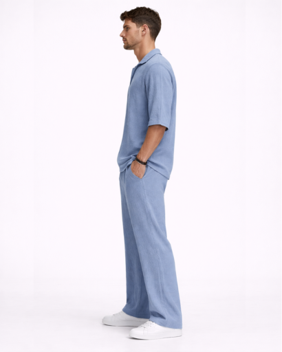 Ensemble Homme Texturé Chemise Col Ouvert et Pantalon Droit