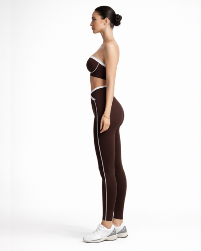 Ensemble sport 2 pièces asymétrique – brassière 1 épaule et legging taille croisée à piping contrasté