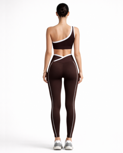 Ensemble sport 2 pièces asymétrique – brassière 1 épaule et legging taille croisée à piping contrasté