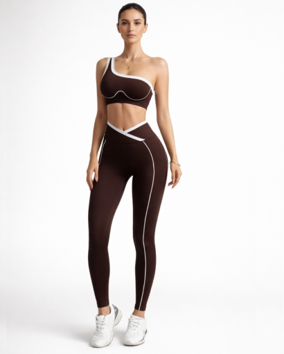 Ensemble sport 2 pièces asymétrique – brassière 1 épaule et legging taille croisée à piping contrasté