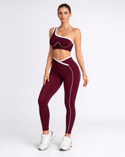 Ensemble sport 2 pièces asymétrique – brassière 1 épaule et legging taille croisée à piping contrasté