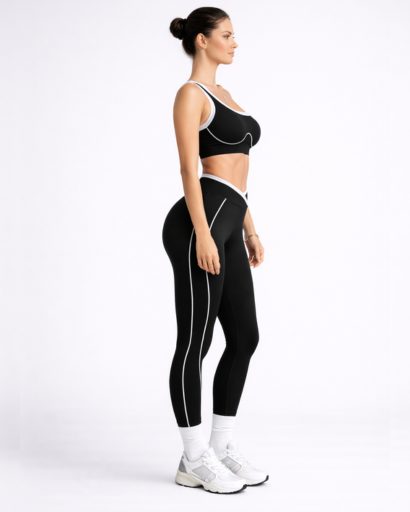 Ensemble sport 2 pièces asymétrique – brassière 1 épaule et legging taille croisée à piping contrasté