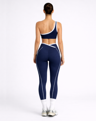 Ensemble sport 2 pièces asymétrique – brassière 1 épaule et legging taille croisée à piping contrasté
