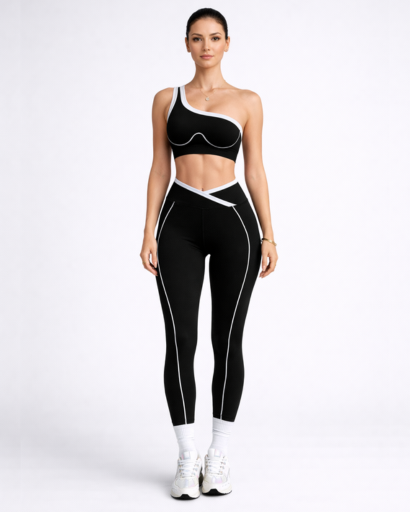 Ensemble sport 2 pièces asymétrique – brassière 1 épaule et legging taille croisée à piping contrasté