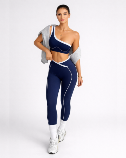 Ensemble sport 2 pièces asymétrique – brassière 1 épaule et legging taille croisée à piping contrasté
