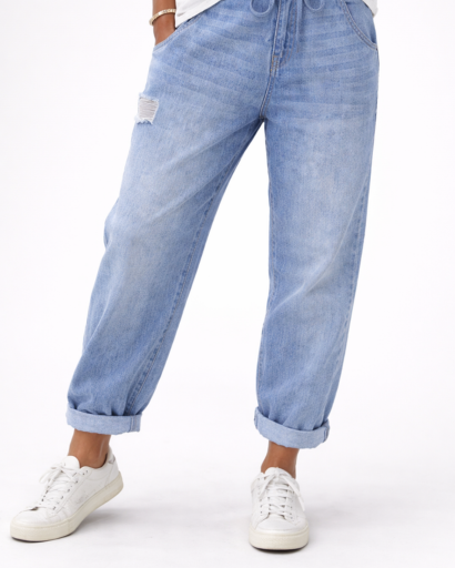 Jean femme coupe droite taille élastique effet usé