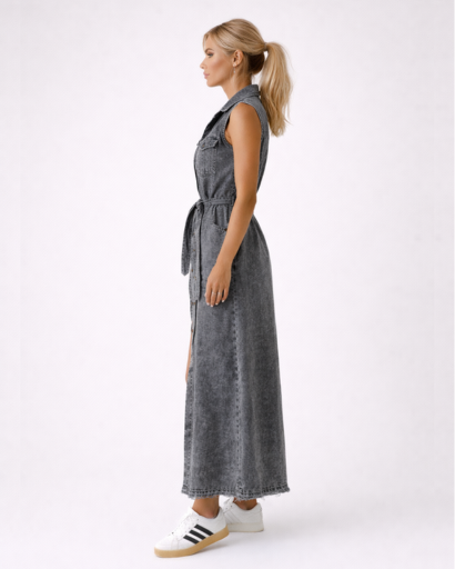 Robe longue sans manches boutonnée avec ceinture