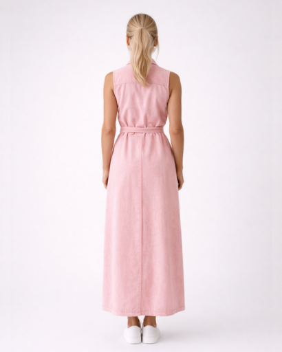 Robe longue sans manches boutonnée avec ceinture