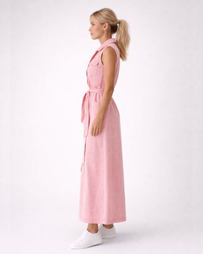 Robe longue sans manches boutonnée avec ceinture
