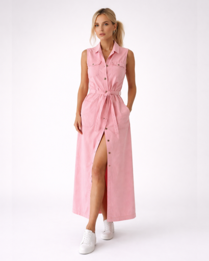 Robe longue sans manches boutonnée avec ceinture