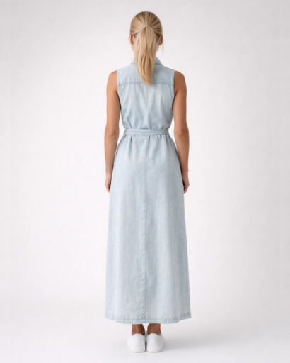 Robe longue sans manches boutonnée avec ceinture