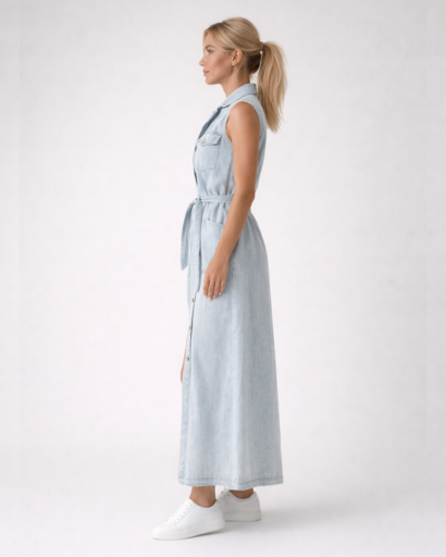 Robe longue sans manches boutonnée avec ceinture