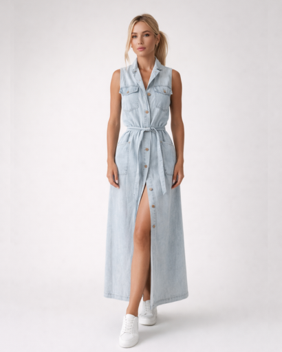 Robe longue sans manches boutonnée avec ceinture