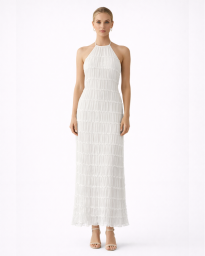 Robe longue ajustée col halter texturé