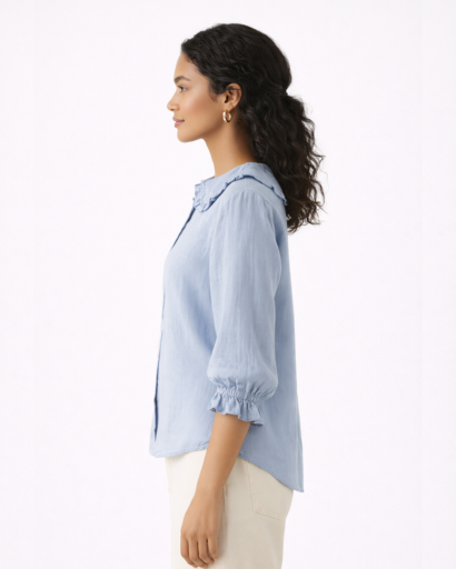 Chemisier femme col rond à volants boutonné