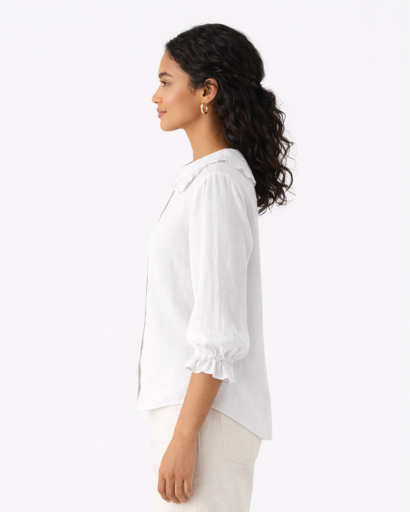 Chemisier femme col rond à volants boutonné