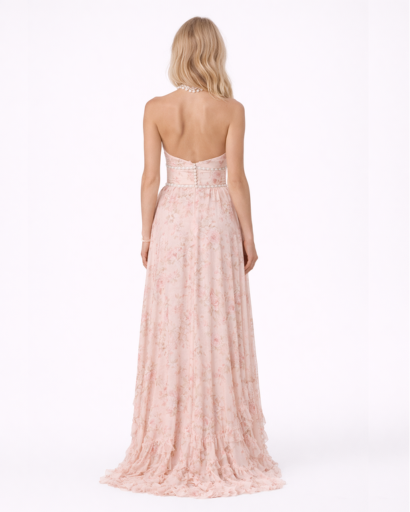 Robe longue halter fendue à volants imprimée