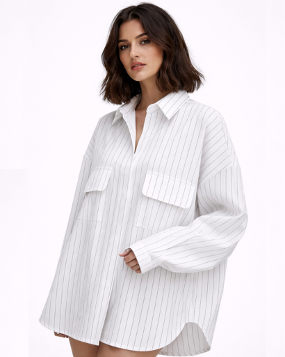 Chemise longue oversize rayée à poches poitrine