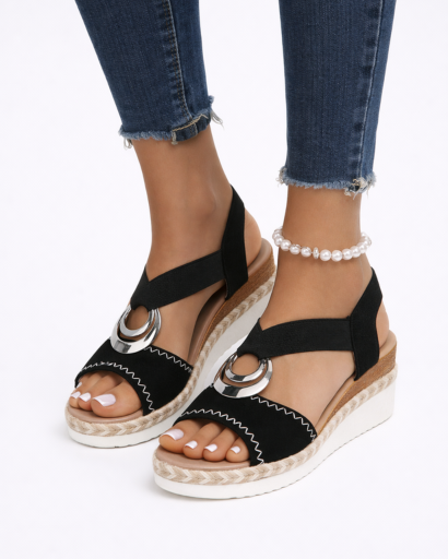 Sandales Compensées Femme à Bride Élastique avec Ornement Métallique